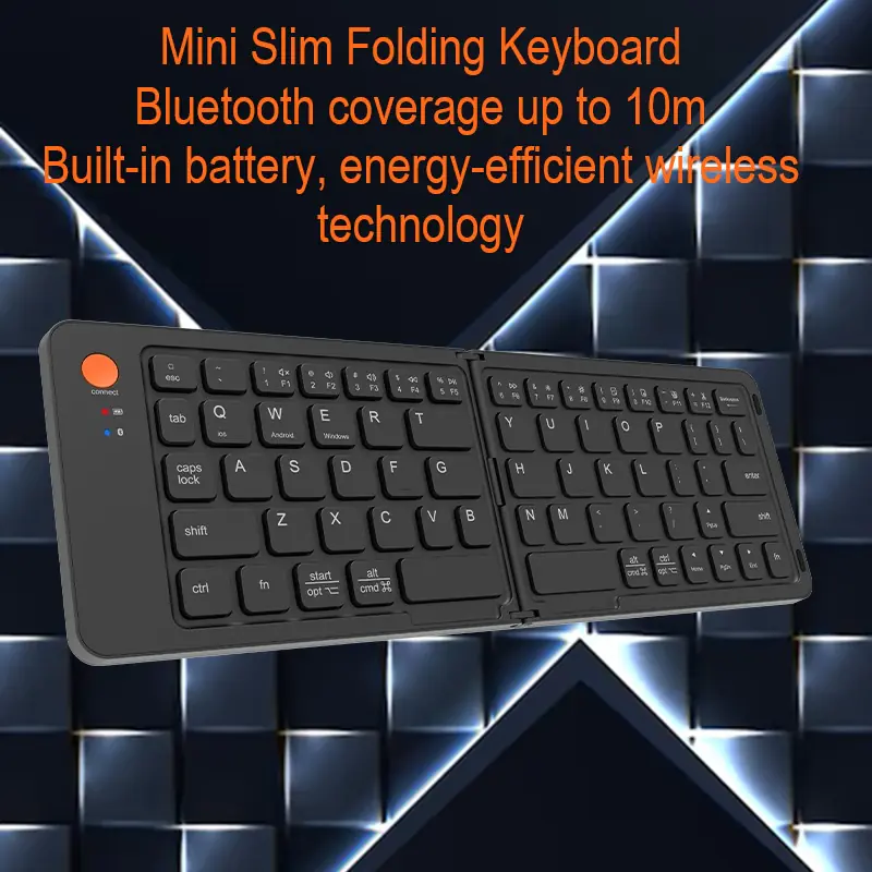 MEETION-BTK001 Compact Bluetooth Folding Keyboard USB C MEETION Compact Bluetooth Folding Keyboard BTK001 with Silent Key Design, Type-C Rechargeable, Auto Wake/Sleep, 10m Bluetooth Range, 67 Keys, Built-in Battery, and Soft Touch Coating.