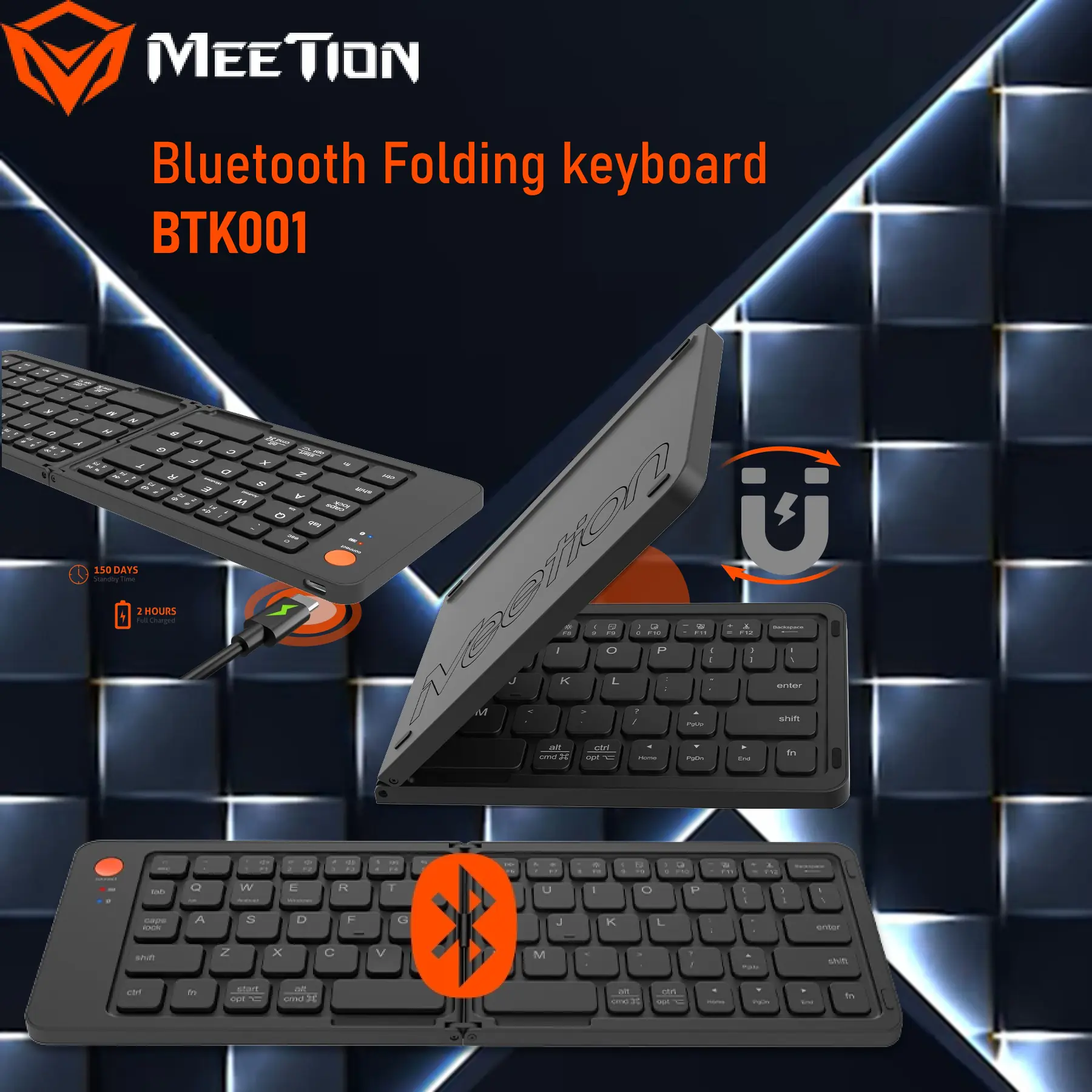 MEETION-BTK001 Compact Bluetooth Folding Keyboard USB C MEETION Compact Bluetooth Folding Keyboard BTK001 with Silent Key Design, Type-C Rechargeable, Auto Wake/Sleep, 10m Bluetooth Range, 67 Keys, Built-in Battery, and Soft Touch Coating.