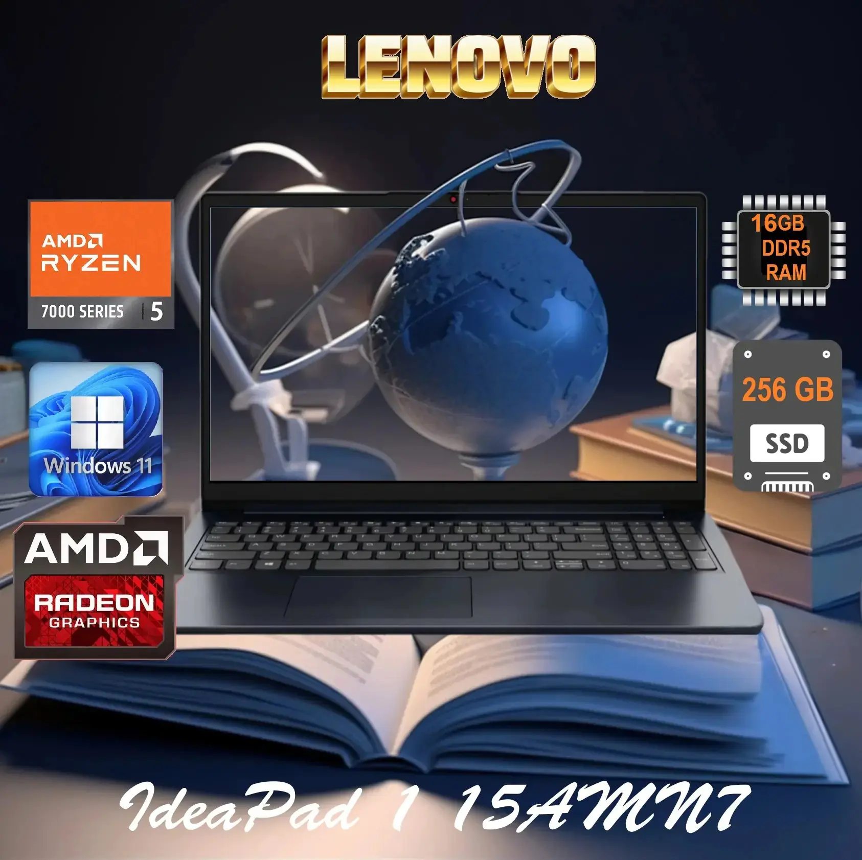 82VG00QFUS IdeaPad 16GB DDR5 RAM Ryzen 5 7520U Win 11 LENOVO IdeaPad 1 15AMN7 AMD Ryzen™ 5 7520U | 16GB DDR5 RAM ; 256 SSD NVMe®  |AMD Radeon™ 610M Graphics| 15.6 inch FHD TN Display | Windows® 11 Home in S mode | Abyss Blue 