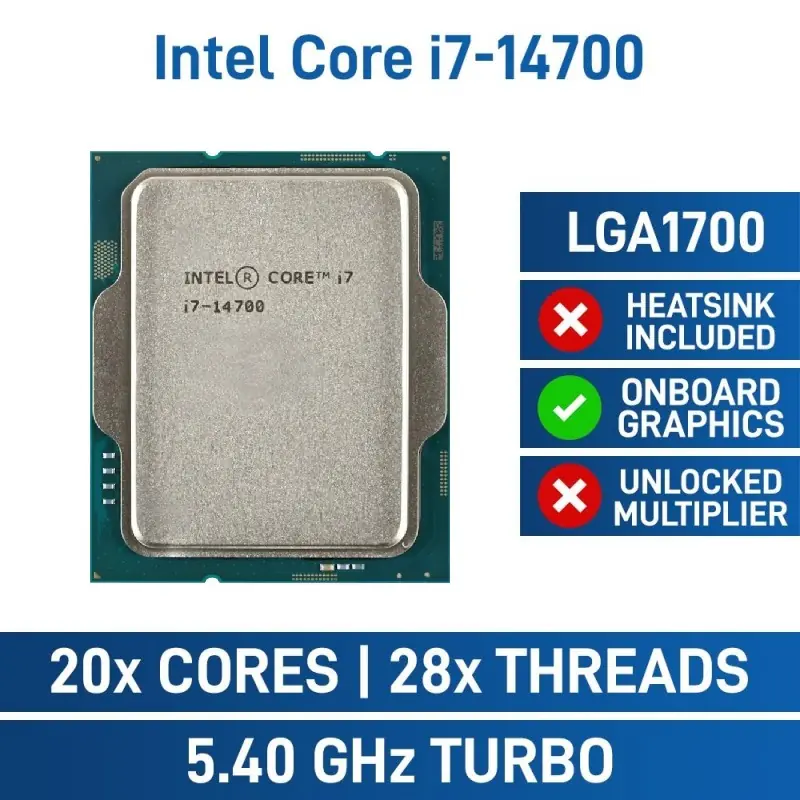 I7-14700-TRAY CPU Intel Core i7-14700 Core i7 14th Gen CPU Intel® Core™  i7-14700 - Core i7 14th Gen Raptor Lake 20-Core (8P+12E) 28-Threads ; LGA 1700 65W TDP ; 5.4 GHz Max Turbo Frequency ; Intel UHD Graphics 770 Processor | TRAY