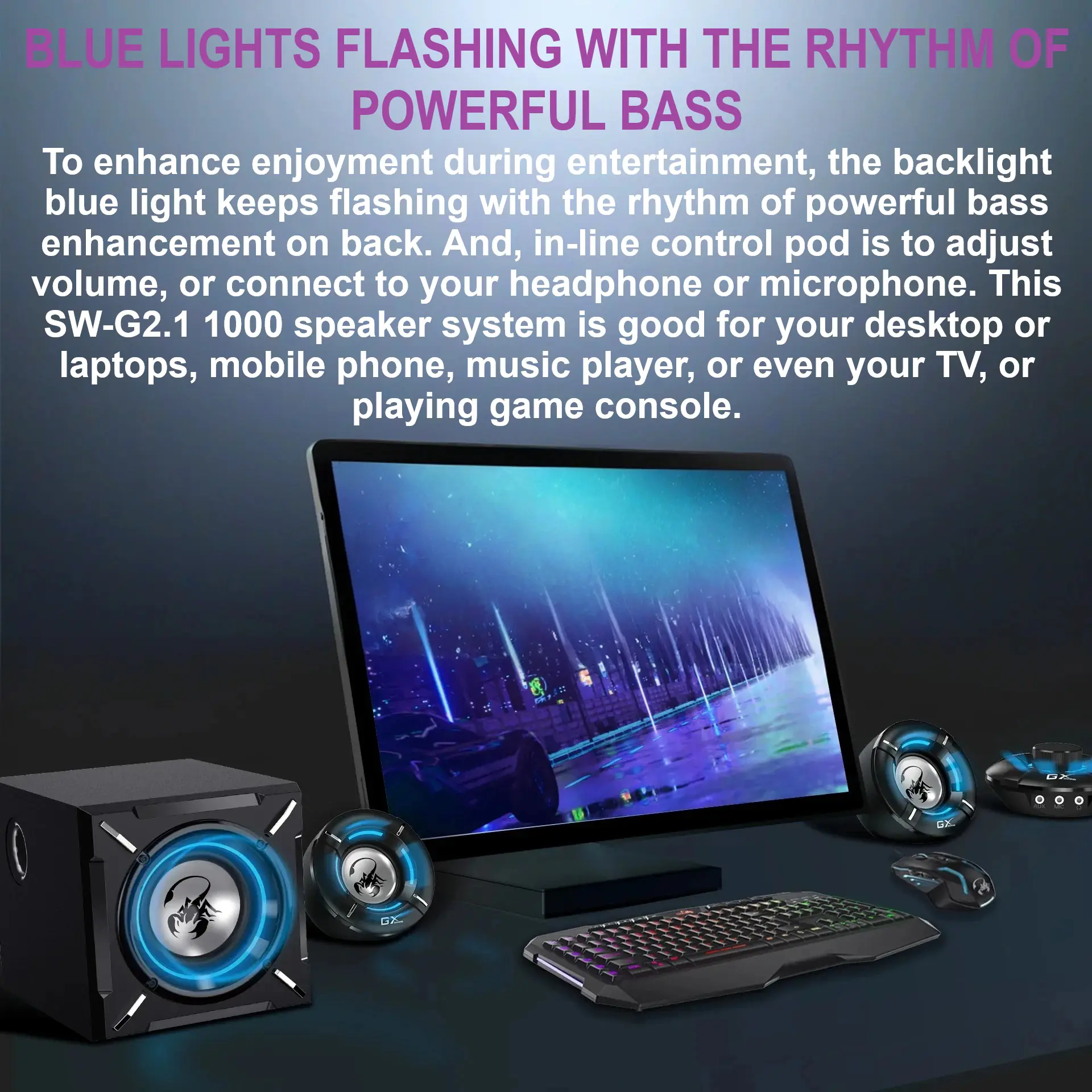 SW-G2.1-1000 AUX Gaming Speaker System Blue LED Lights Genius SW-G2.1 1000 2.1 Channel Gaming Speaker System, 26-Watt Power, Adjustable Bass, Blue LED Lights, In-Line Control Pod, Subwoofer with 5" Driver, RCA & 3.5mm Input, Black