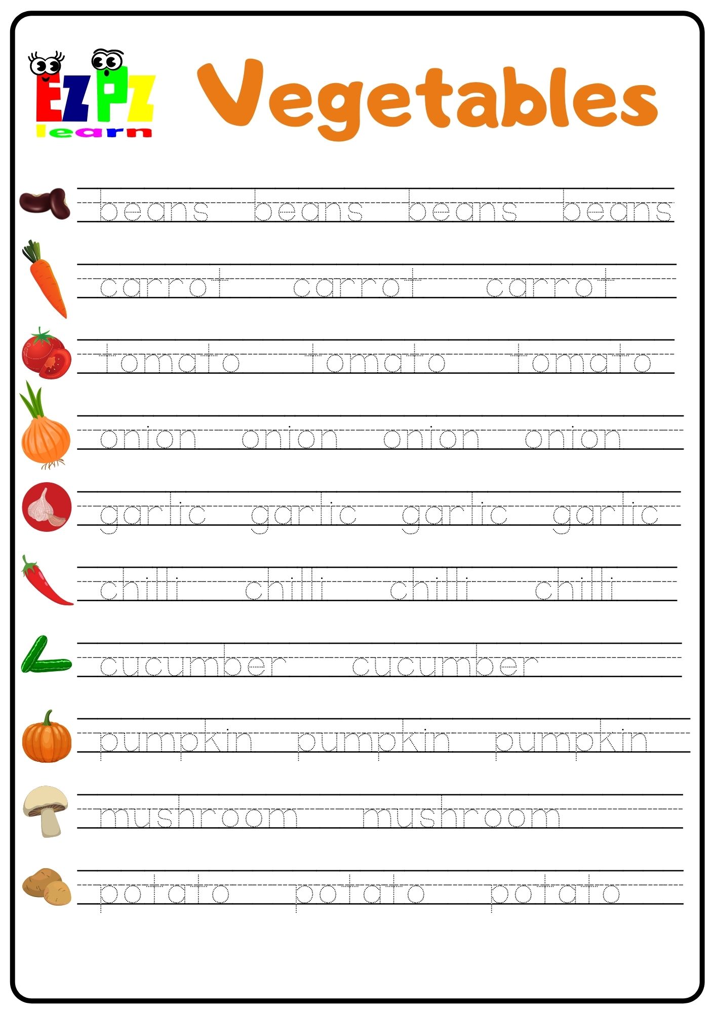 Tracing Worksheet Fruits And Vegetables