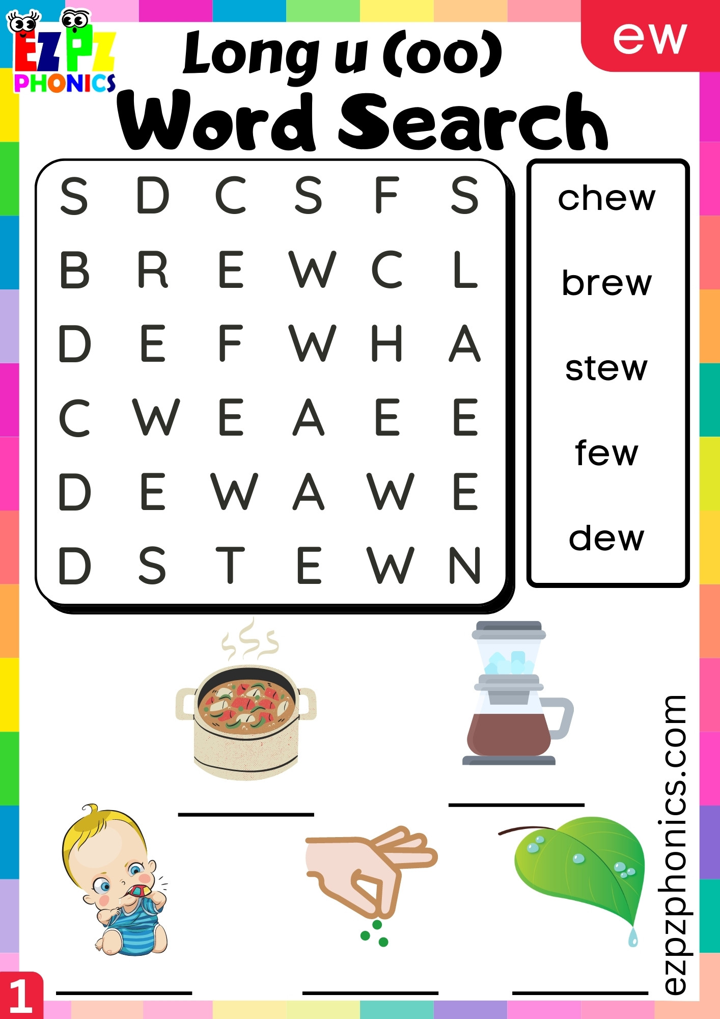 Write and Find the Words Word Search for ue Words Long u (oo) Sound ...