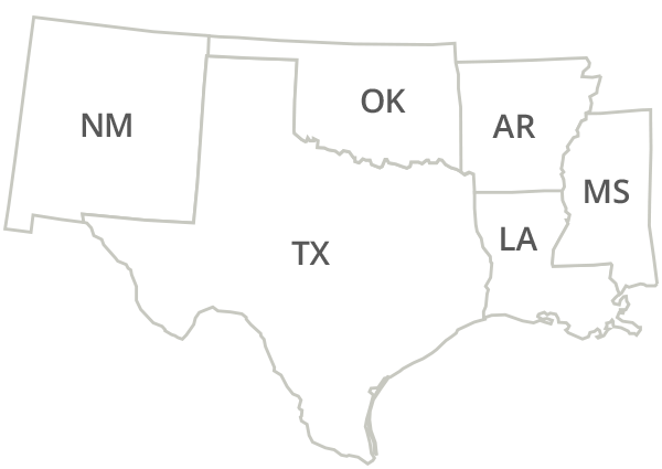 Texas, Louisiana, Arkansas, Oklahoma, Mississippi, New Mexico