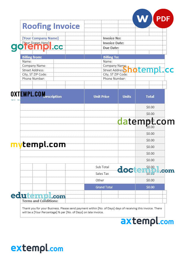 Roofing invoice fake template in word and pdf format - Faketemplate.ru