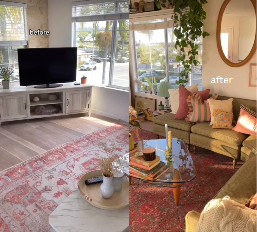 Content Creator Lyssie Loo shows off her before and after pictures after renovating her room from millennial grey to a vibrant warm safe haven. Photo Courtesy of @lyssielooloo on TikTok.