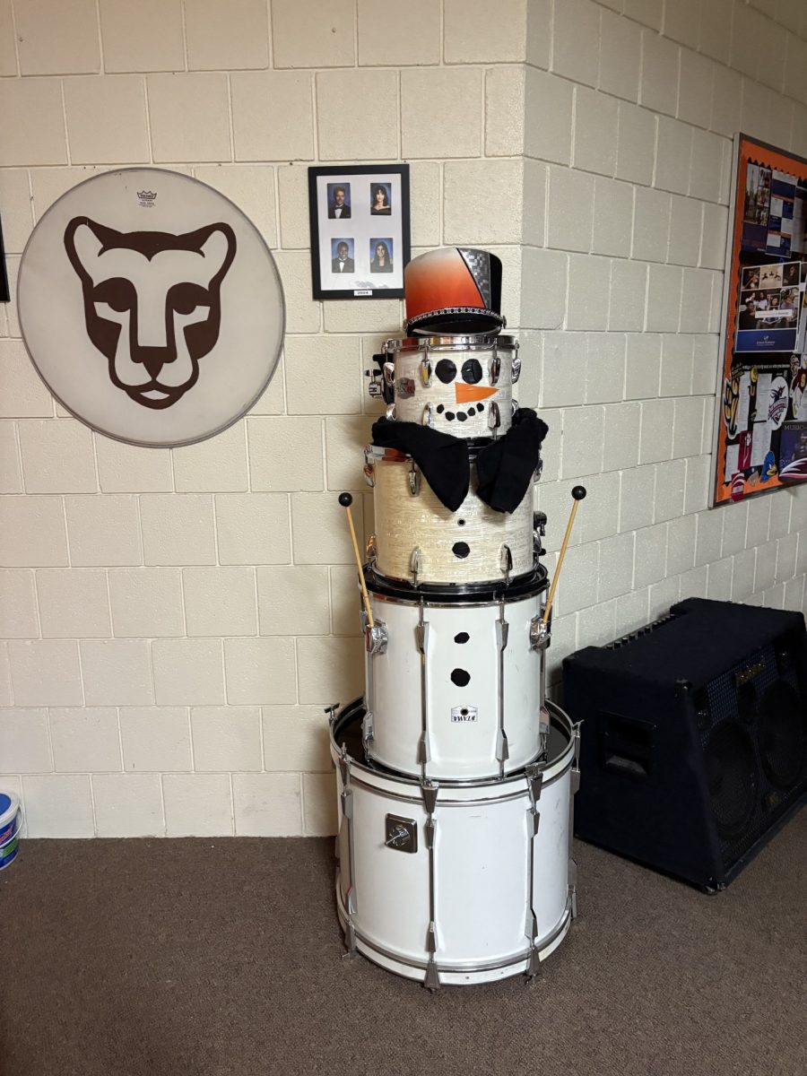 The band room is drumming up some holiday cheer with their musical snowman. Photo courtesy of Jenna Phillips. 