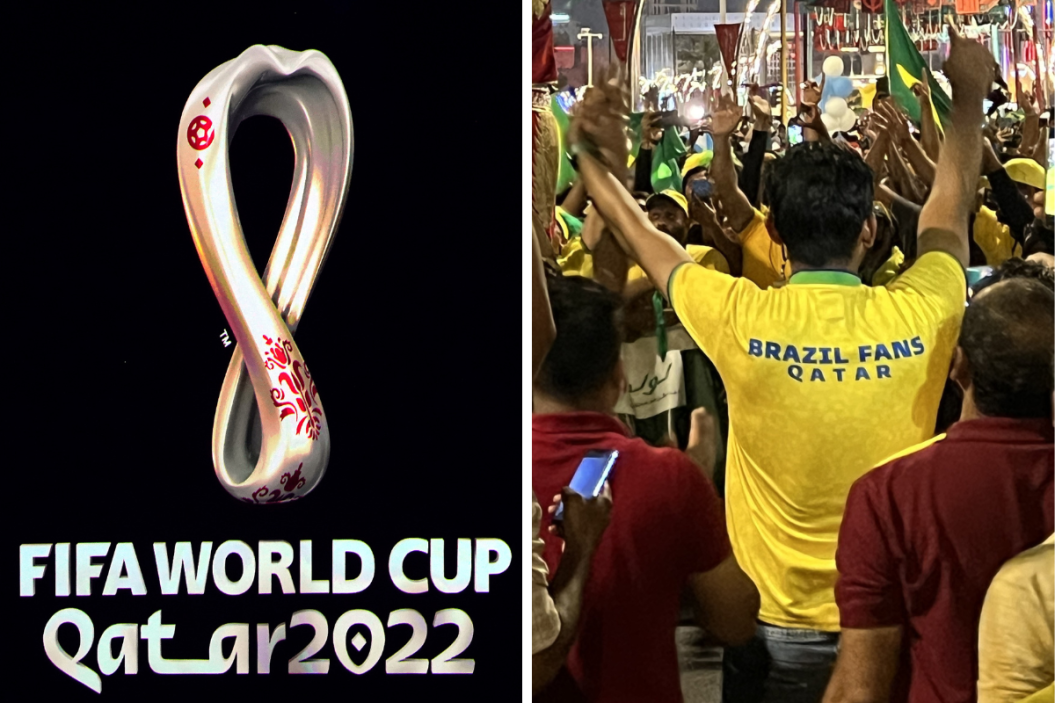 Qatar 2022 Fifa World Cup logo during the FIFA World Cup Qatar 2022 Draw at the Doha Exhibition and Convention Center, Brazilian national team fans cheered on Corniche Street ahead of the 2022 FIFA World Cup in Lusail, Qatar.