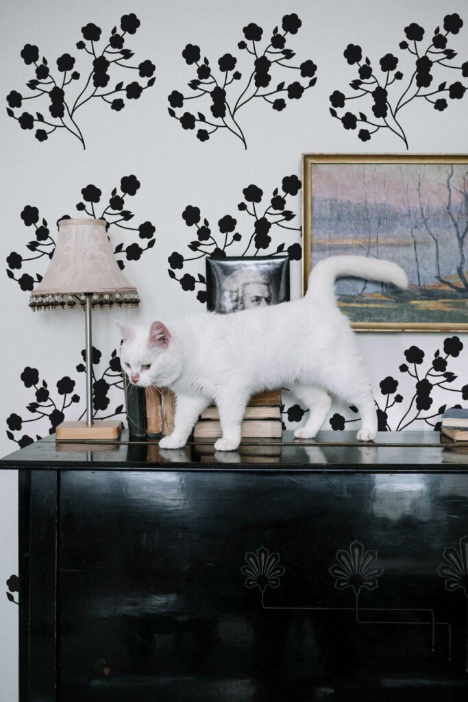 Industrial style music room decorated with Floral peel and stick wallpaper