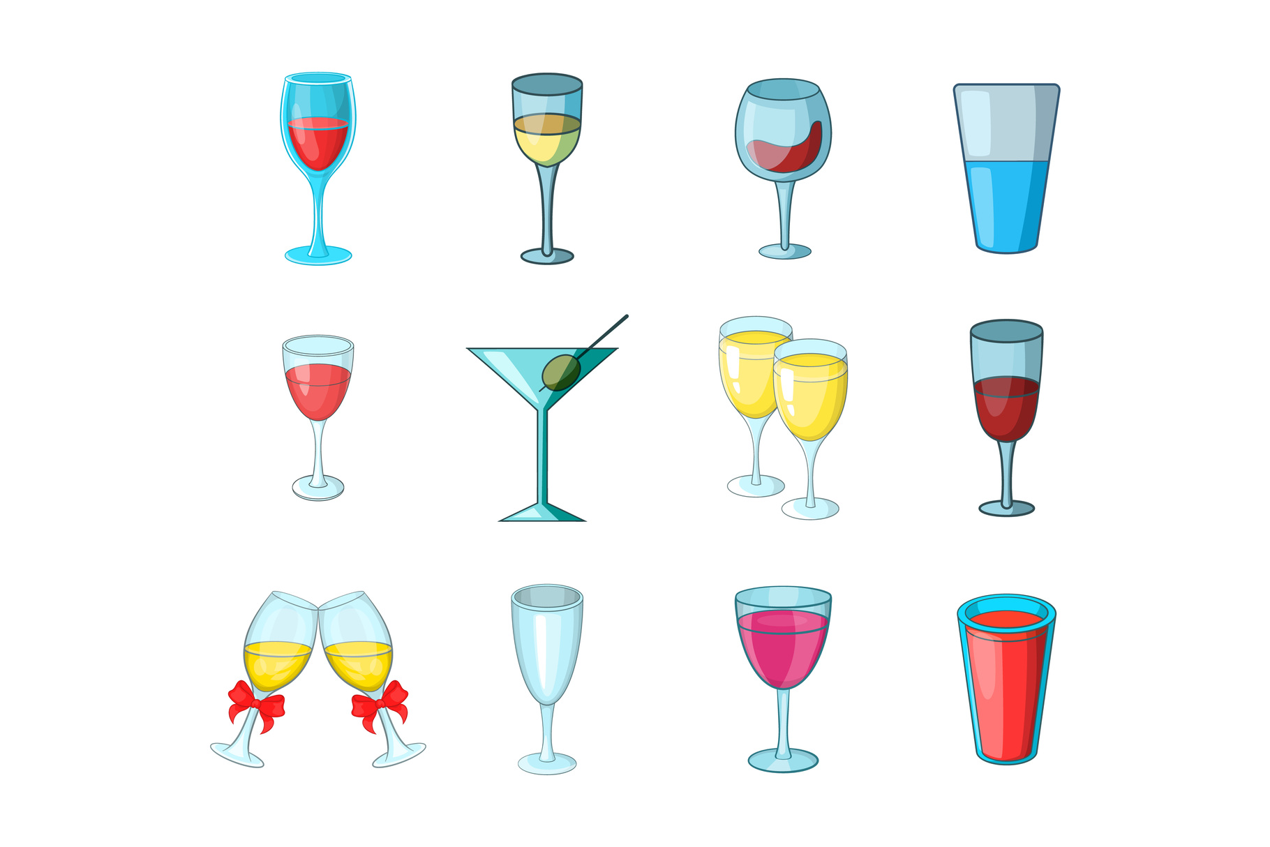 Glass icon set, cartoon style