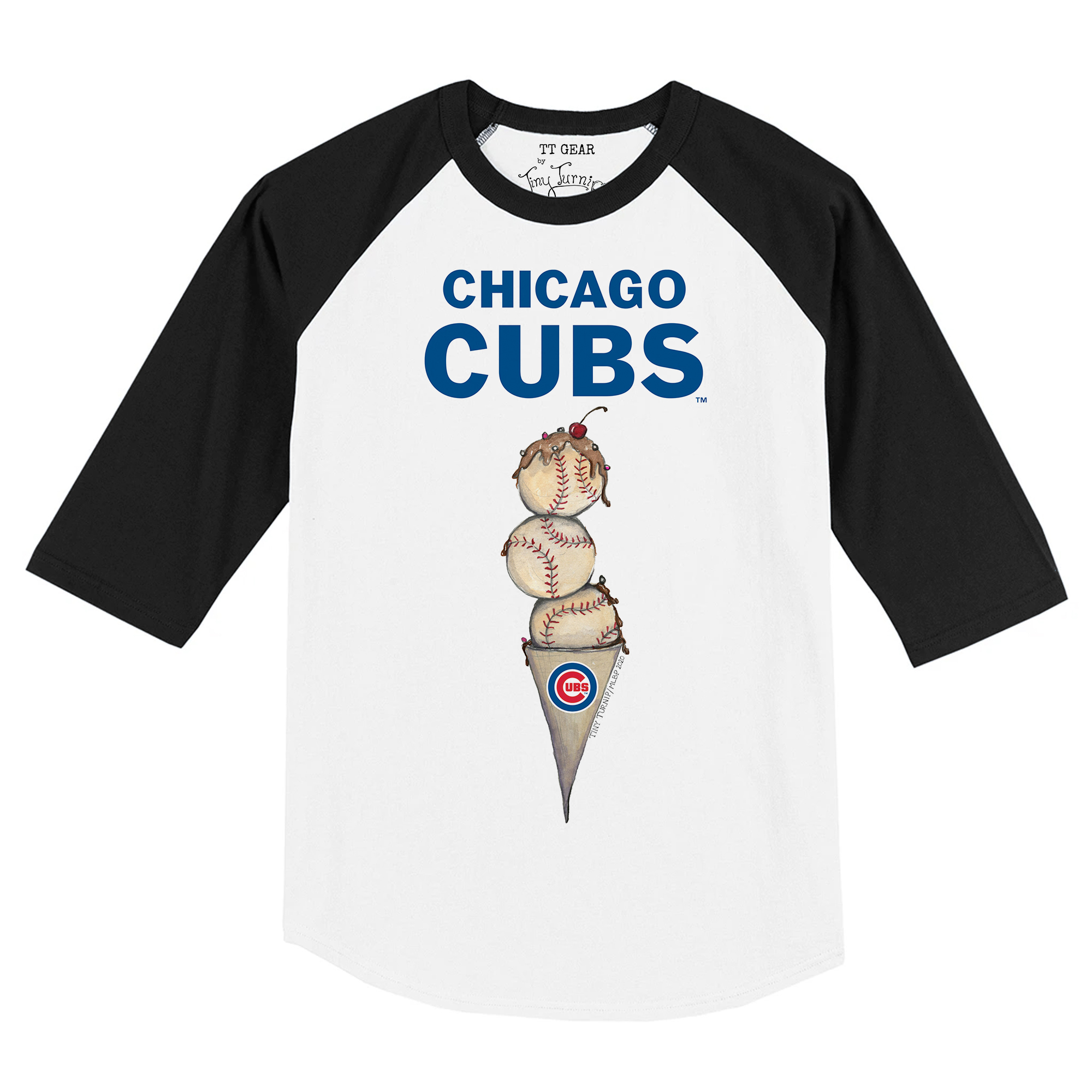 Toddler Tiny Turnip White/Black Chicago Cubs Triple Scoop Raglan 3/4 Sleeve T-Shirt