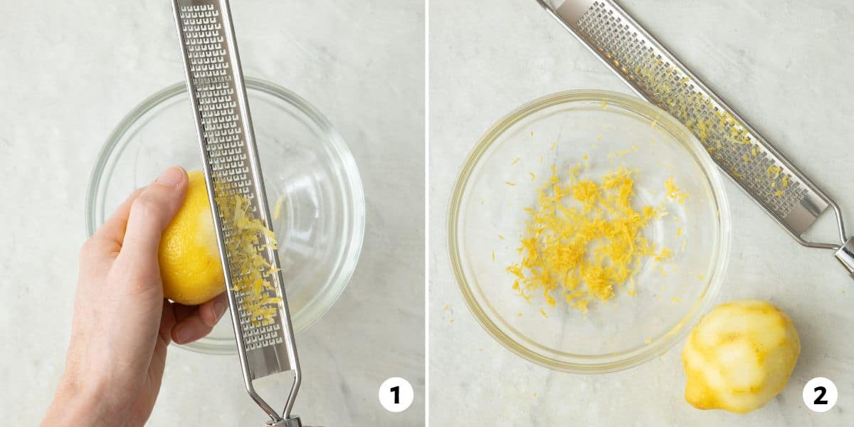 2 image collage showing a microplane zesting lemon over a bowl and after with zester on surface next to a zested lemon.