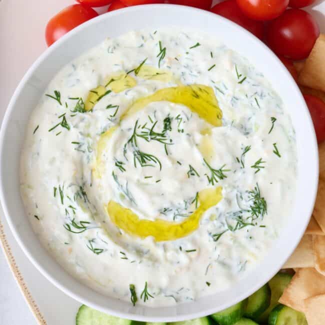 Close up of tzatziki sauce.