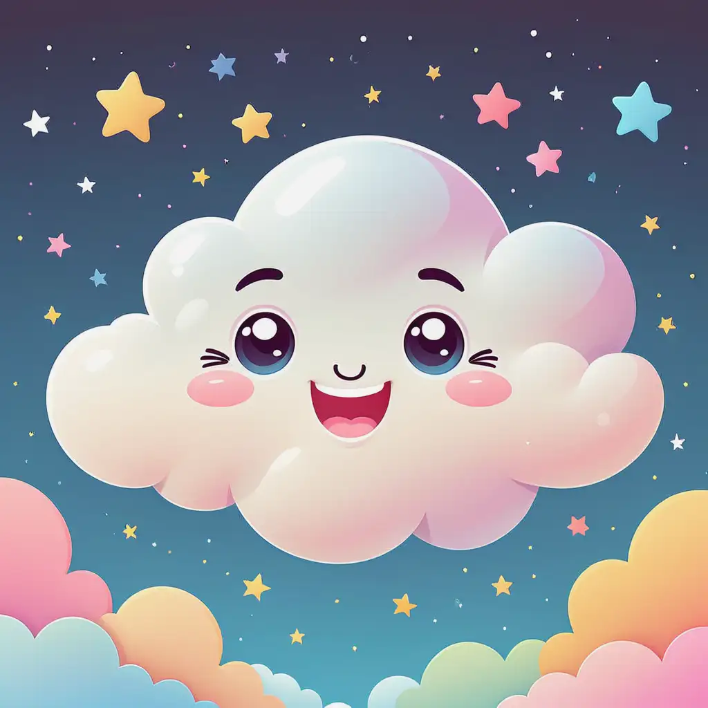 Kawaii Style Radiant White Cloud with Cheerful Face in Endless Sky Landscape