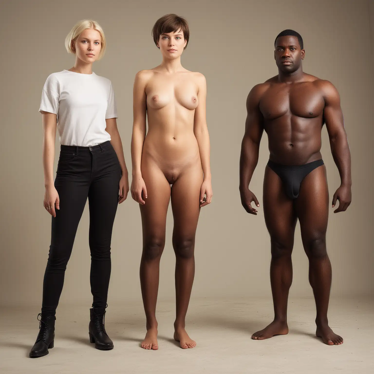 Swedish Woman with Short Hair and Giant Black Man in Full Body View