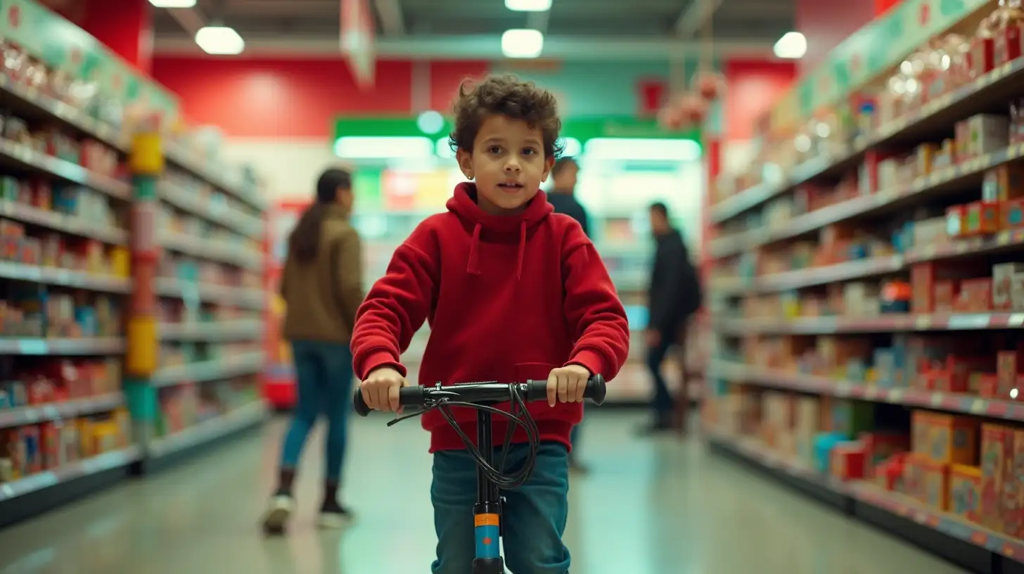 Excited Latin Boy in Red Sweater Riding Scooter Inside Colorful Toy Store