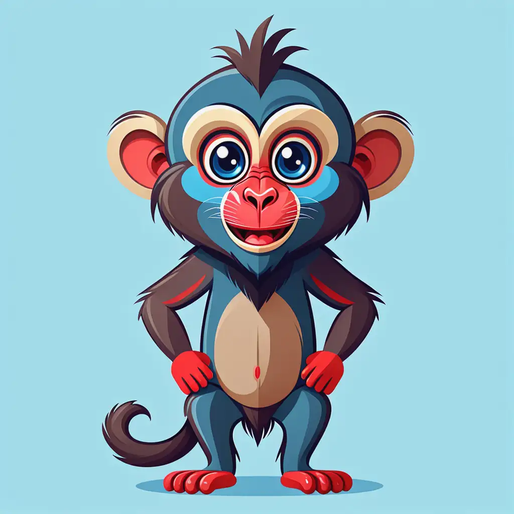 Cute Mandrill Cartoon Illustration with Colorful Face Markings and Soft Blue Background