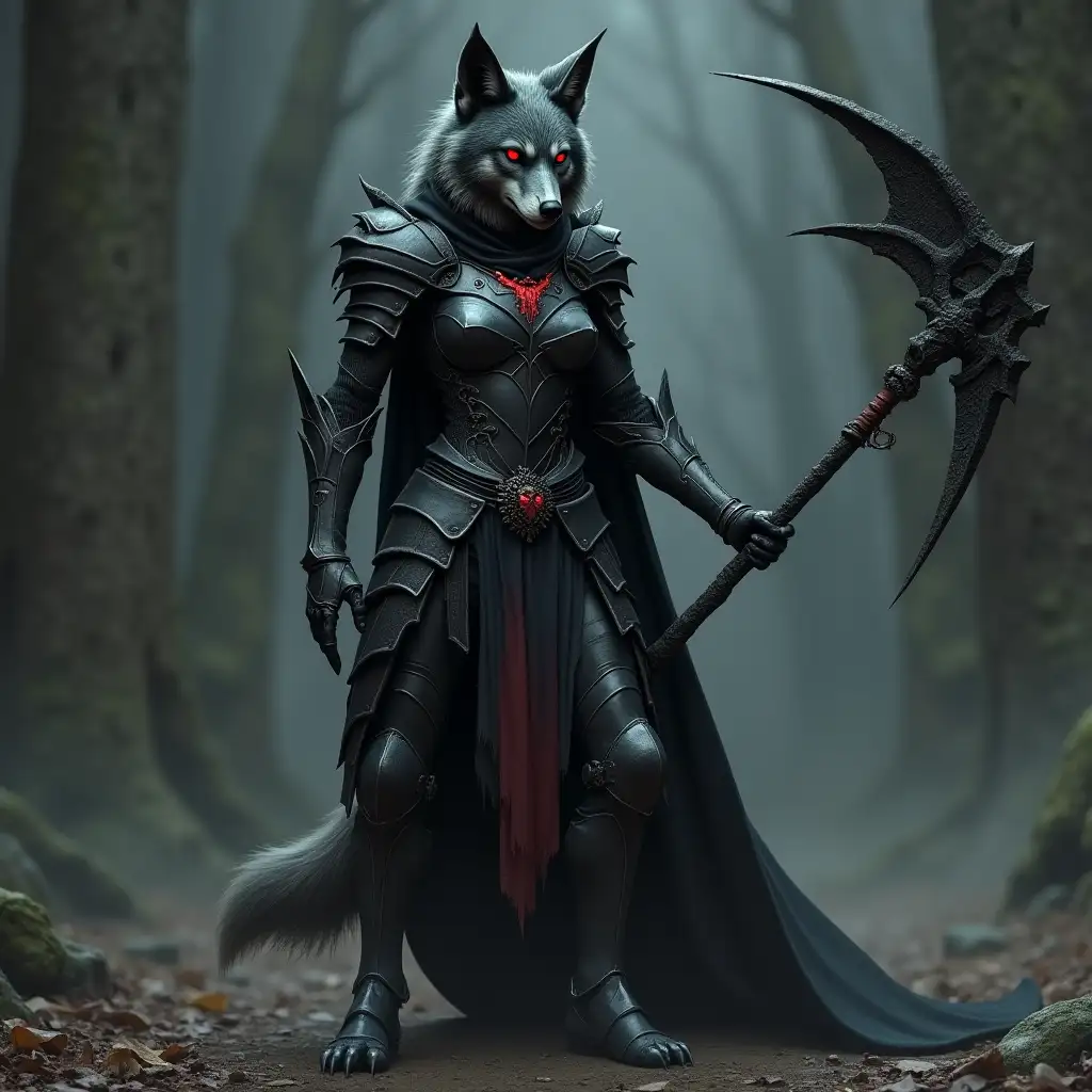 Realistic Female Death Knight WolfCoyote with Red Eyes in Gothic Armor Holding Necromancy Halberd