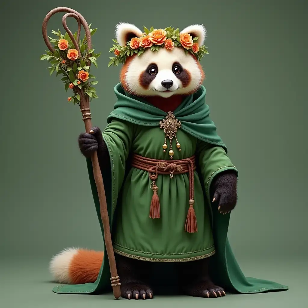 Panda Druid in Green Medieval Dress with Staff and Floral Wreath