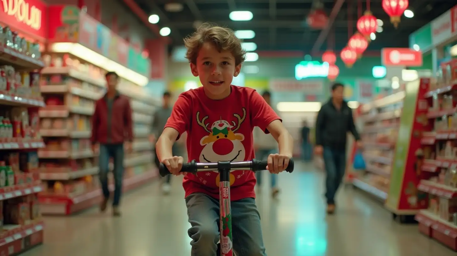 Latin Boy in Red Christmas TShirt Riding Scooter in Toy Store