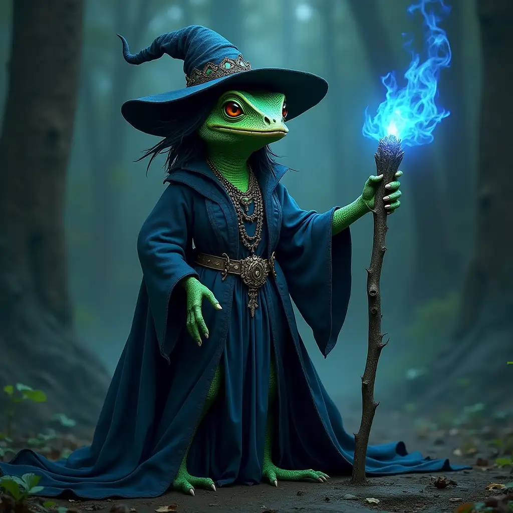 Gothic LizardWitch Voodoo Sorceress with Blue Fire Staff