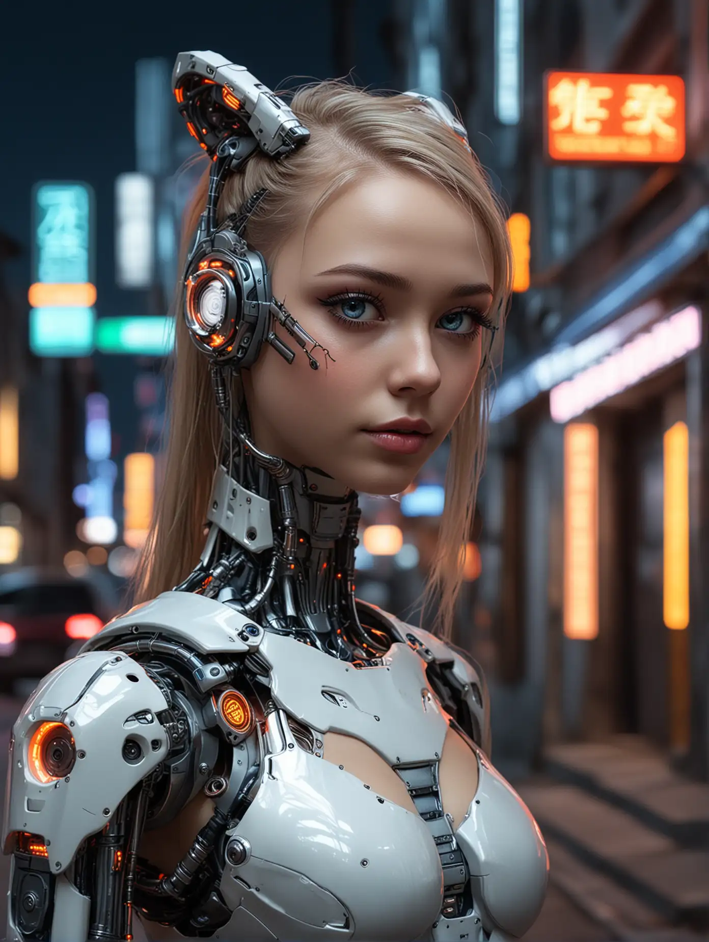 Cyborg Girl with Neon Lights Standing in a Futuristic Street