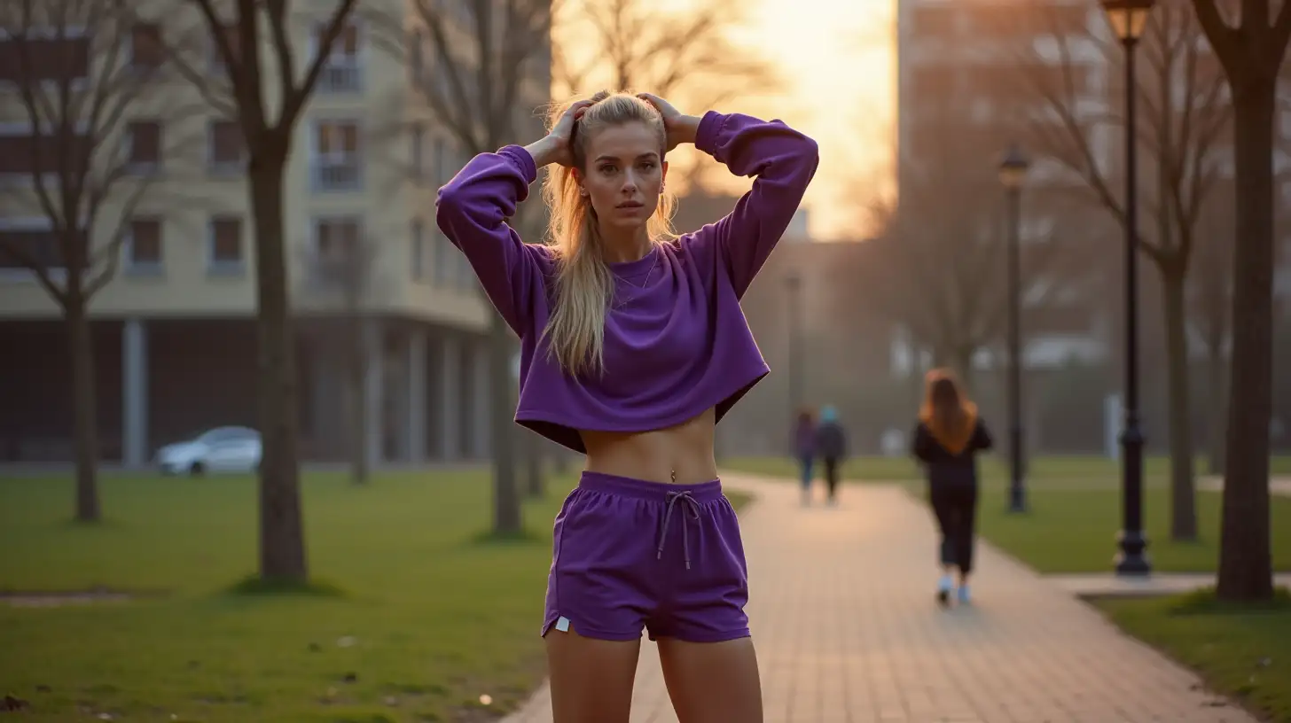 Blonde Woman in Purple Fashion Outfit at Park with Modern Buildings and Early Morning Lighting