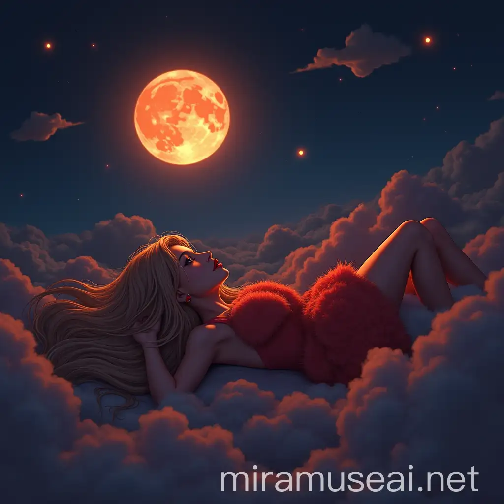 Young Woman in Neon Orange Fur Dress Laying Above the Clouds at Midnight