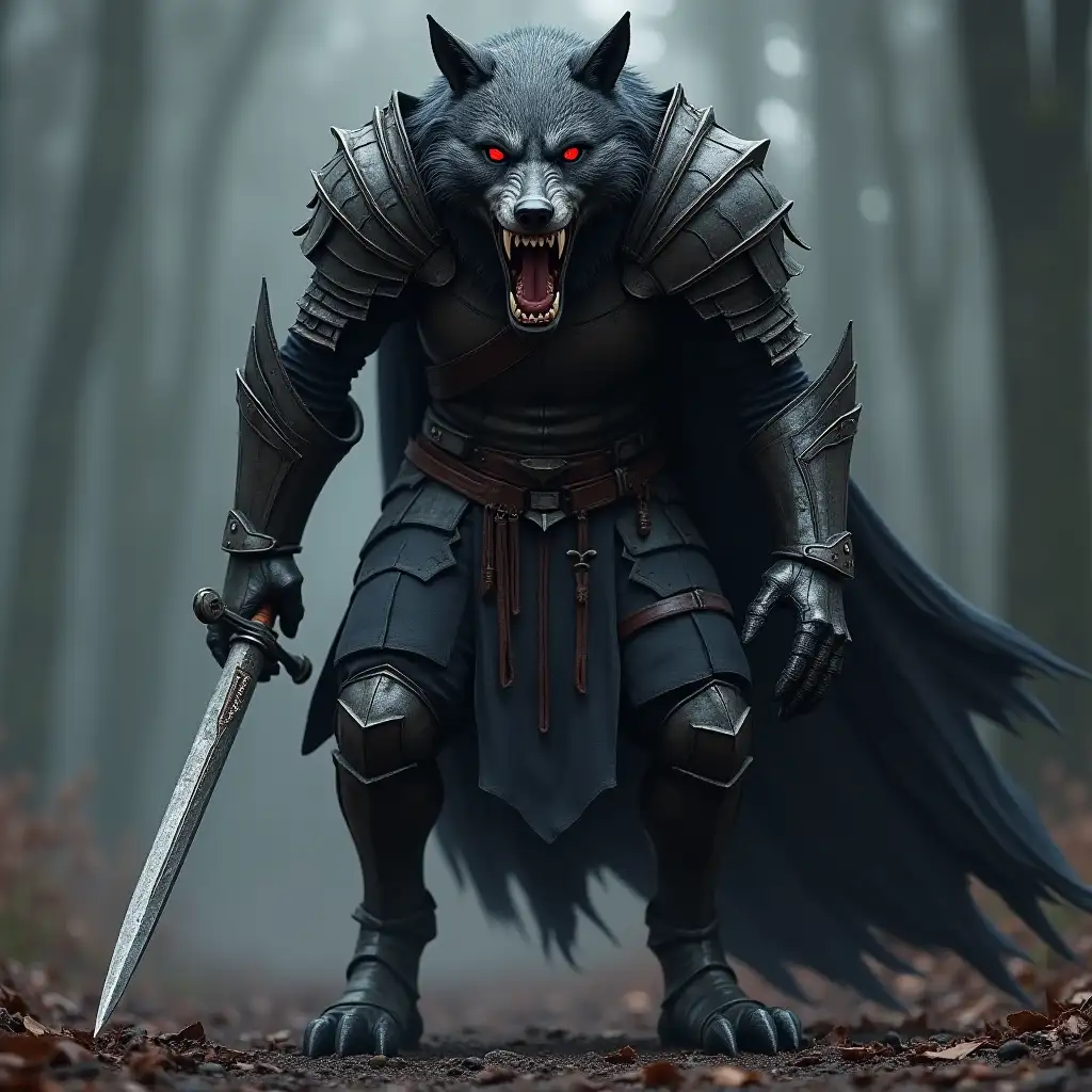 Fierce Wolf Knight of Death in Dark Medieval Armor with Red Eyes