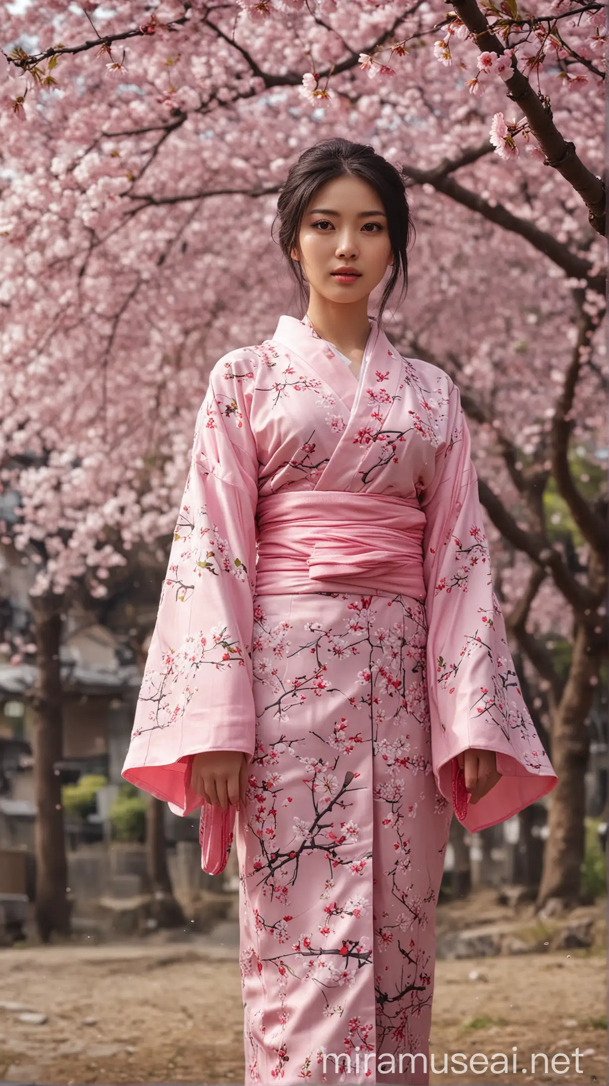 Indonesian Girl in Pink Kimono Under Cherry Blossoms in Japan