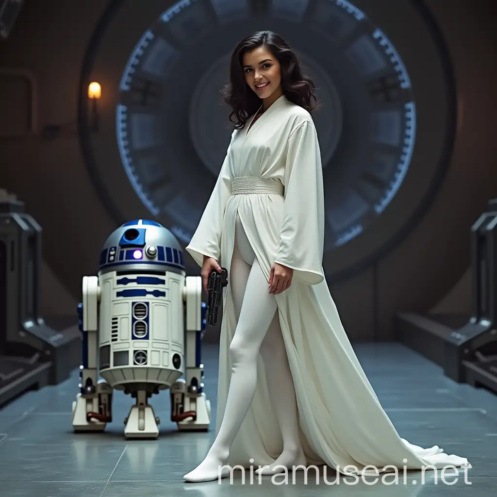 Young Woman in Princess Leia Costume with Blaster Pistol on the Death Star