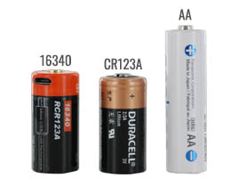 16340 battery size compared to a AA and CR123A batteries