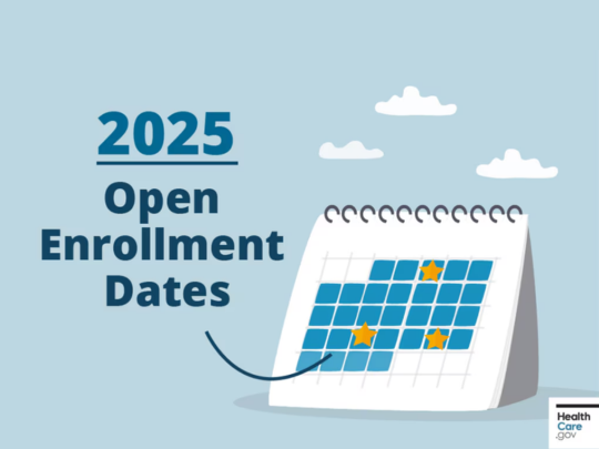 Calendar highlighting the Open Enrollment period for 2025, including key dates and deadlines for health insurance enrollment.