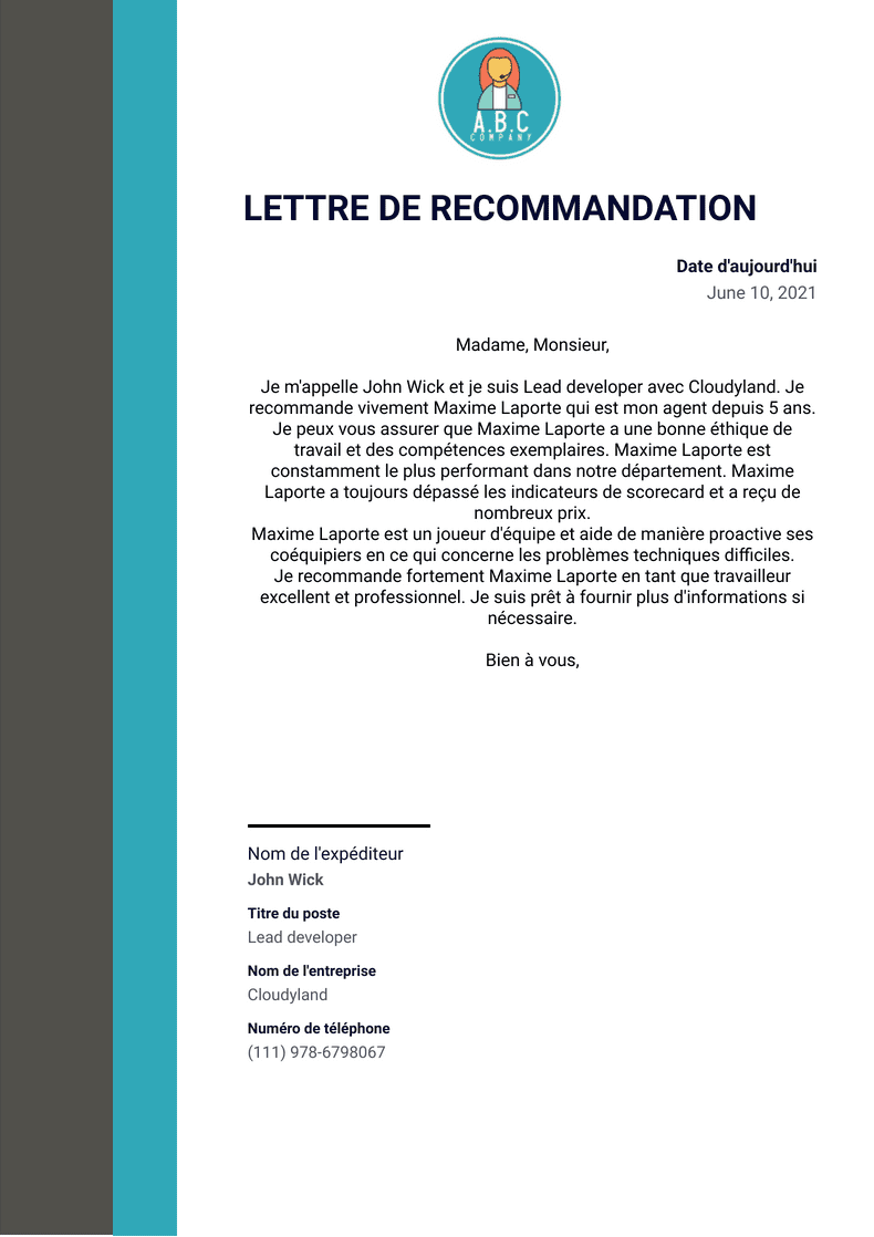 Lettre de recommandation | Jotform