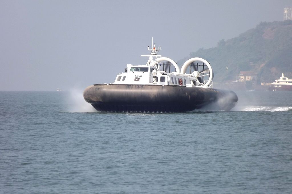 Indian Coast Guards&#039; `Hovercraft` with fourteen coast guards arrives at  Miramar Beach, Panaji on Dec 23, 2014.