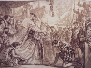 Francis Drake being knighted by Elisabeth the I