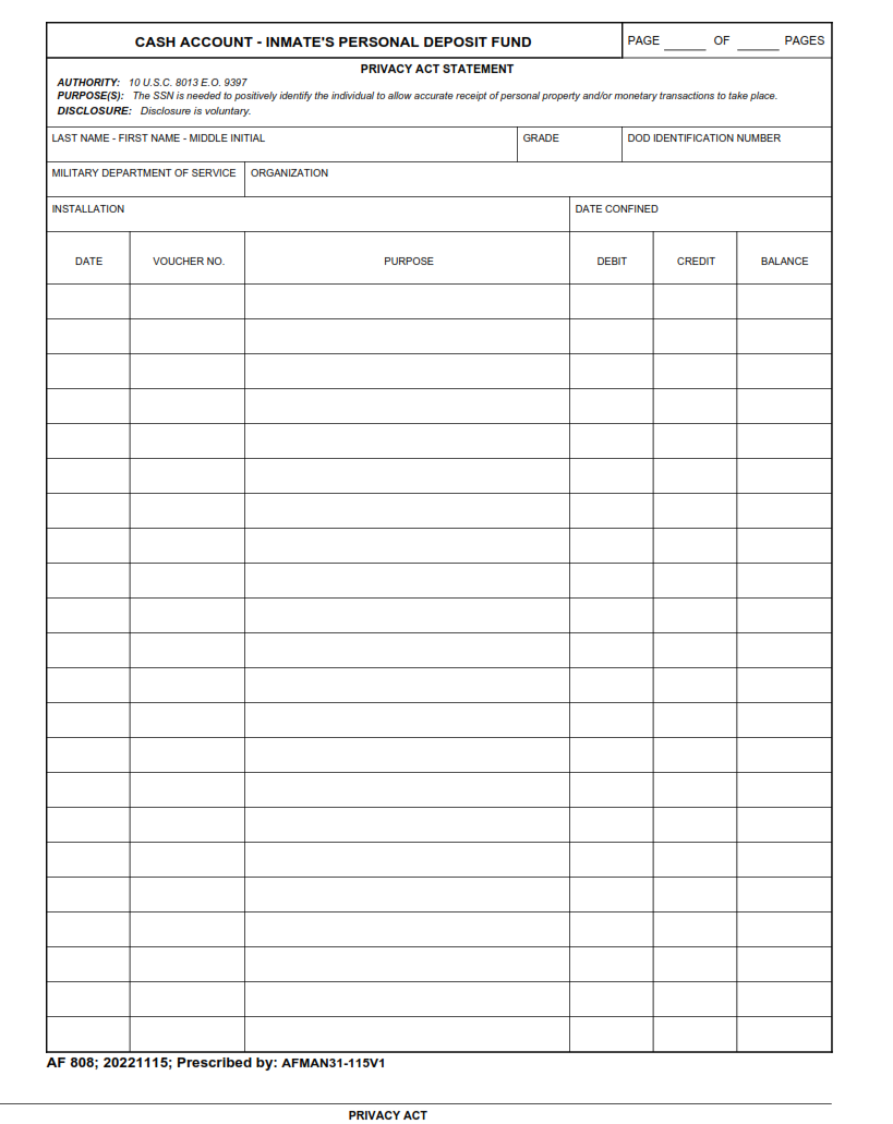 AF Form 808 – Cash Account – Inmate’s Personal Deposit Fund | Finder Doc