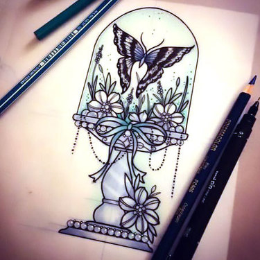 Butterfly Cloche Flowers Tattoo