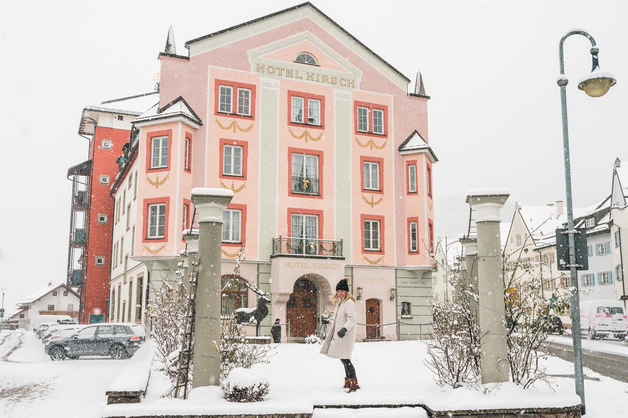 Hotel hirsch art nouveau pink hotel in downtown Fussen near Neuschwanstein Castle in Bavaria Germany