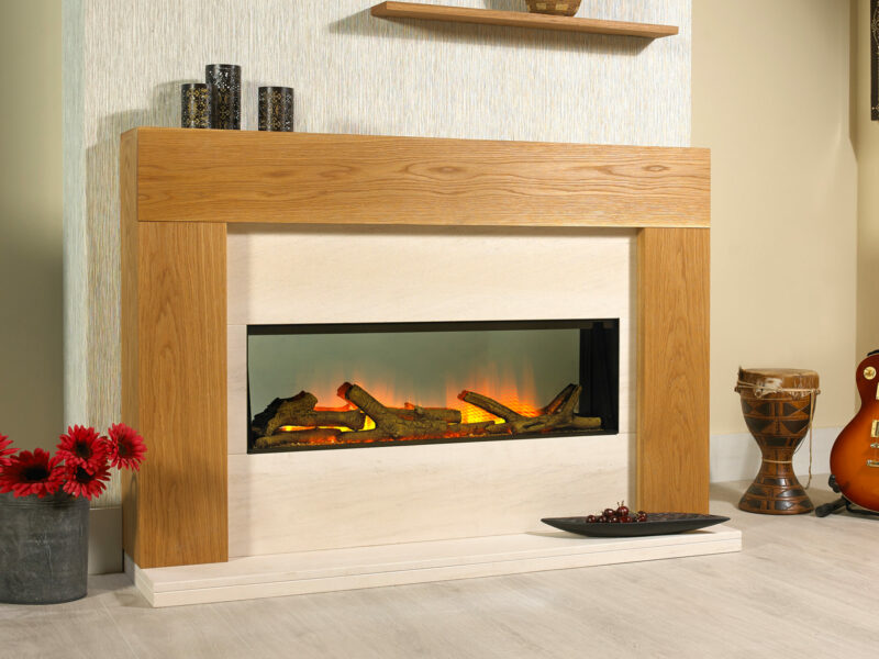 Berwick oak fire surround with a limestone hearth and back panel set and a hole in the wall electric fire.