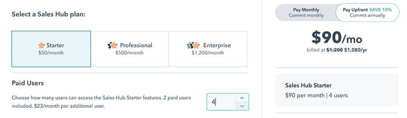 HubSpot CRM sales hub plan options.