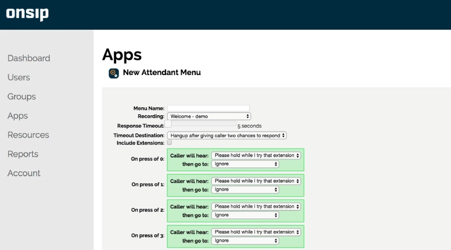 OnSIP interface settings page.