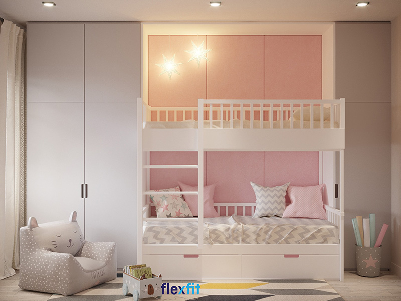 Mẫu giường tầng gỗ công nghiệp MDF phủ acrylic sơn trắng cho bé gái