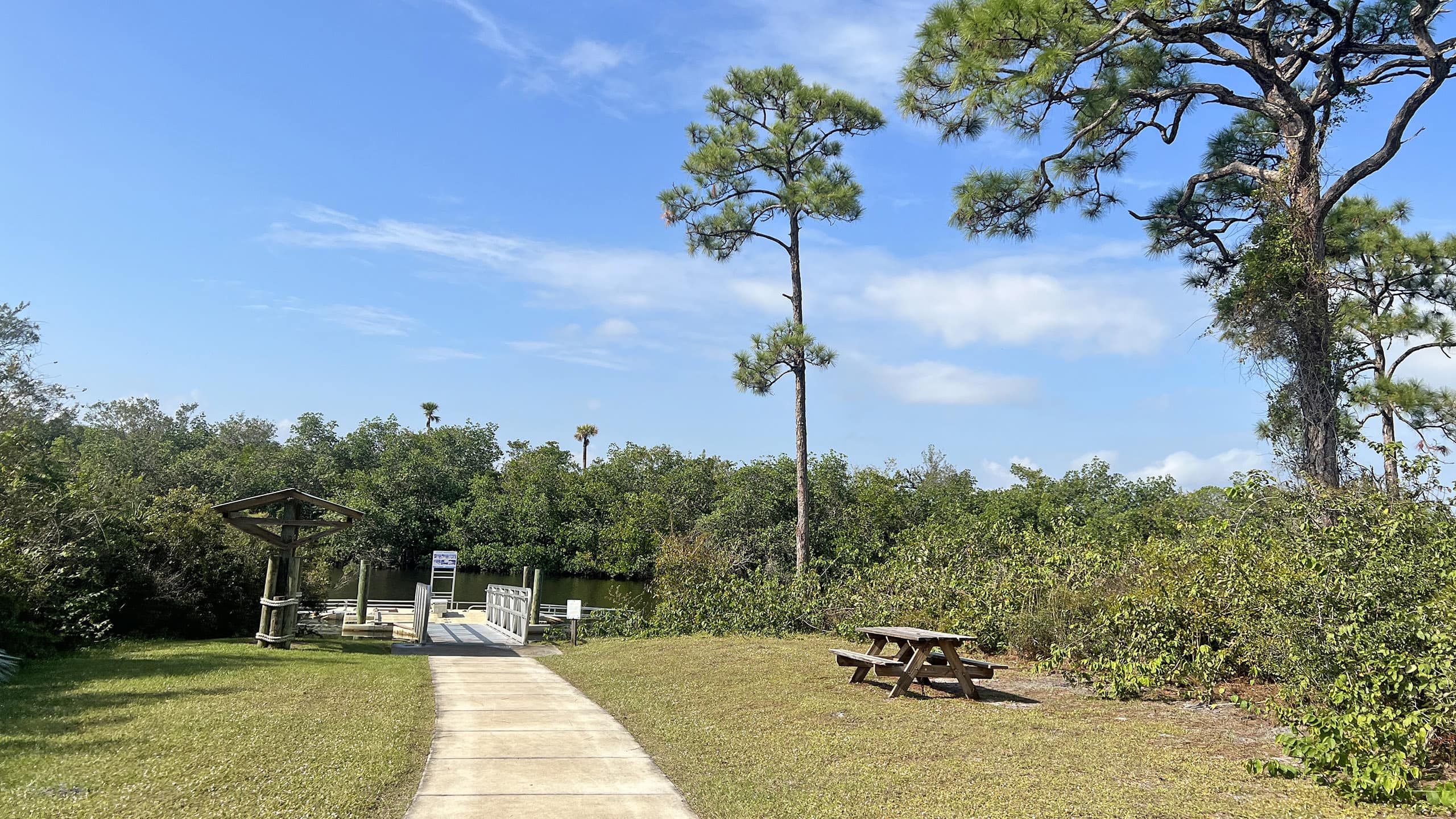 Launch access by sidewalk past picnic table