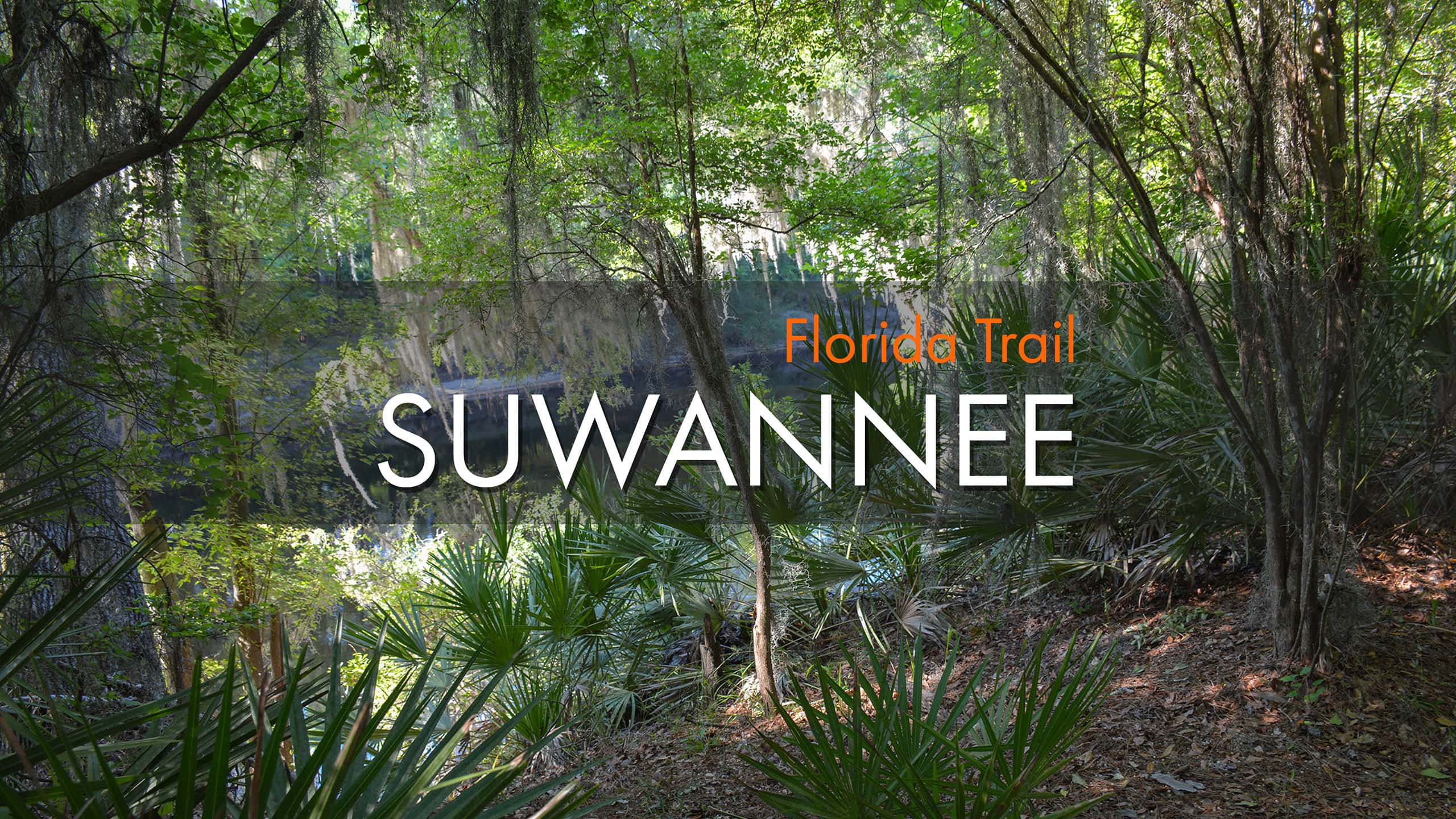 Words Florida Trail Suwannee overlaid on view of river through moss-draped live oaks.