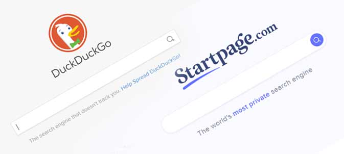 Screenshot of two privacy-friendly search engines, DuckDuckGo and Startpage