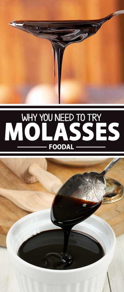 Image of dark molasses flowing from a spoon to a bowl.