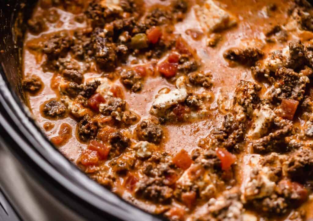 A crock pot of taco soup.