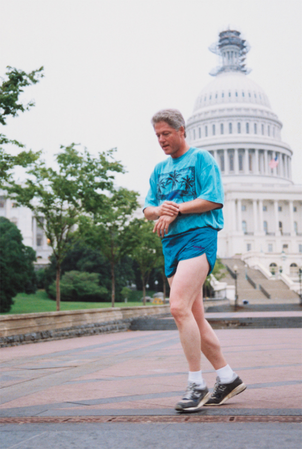 90s shoe and fashion trends, Bill Clinton wearing New Balance 997 sneakers on a run.