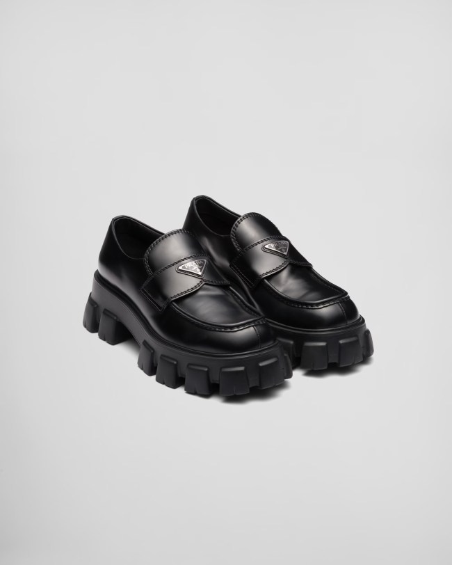 90s shoe and fashion trends, Prada Monolith brushed leather loafers.